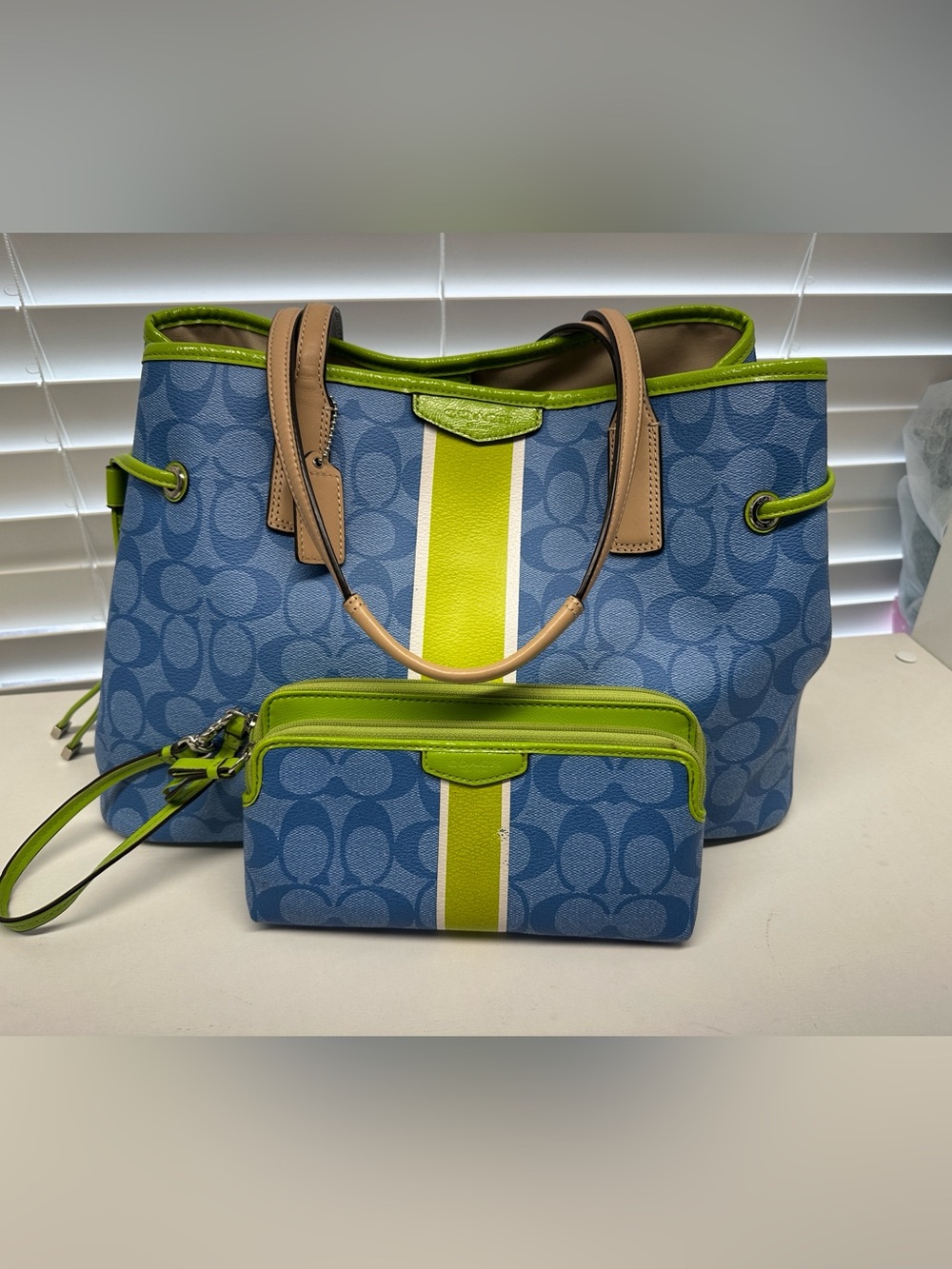 Coach Signature Stripe Drawstring Carryall Tote With Matching Wristlet Wallet
